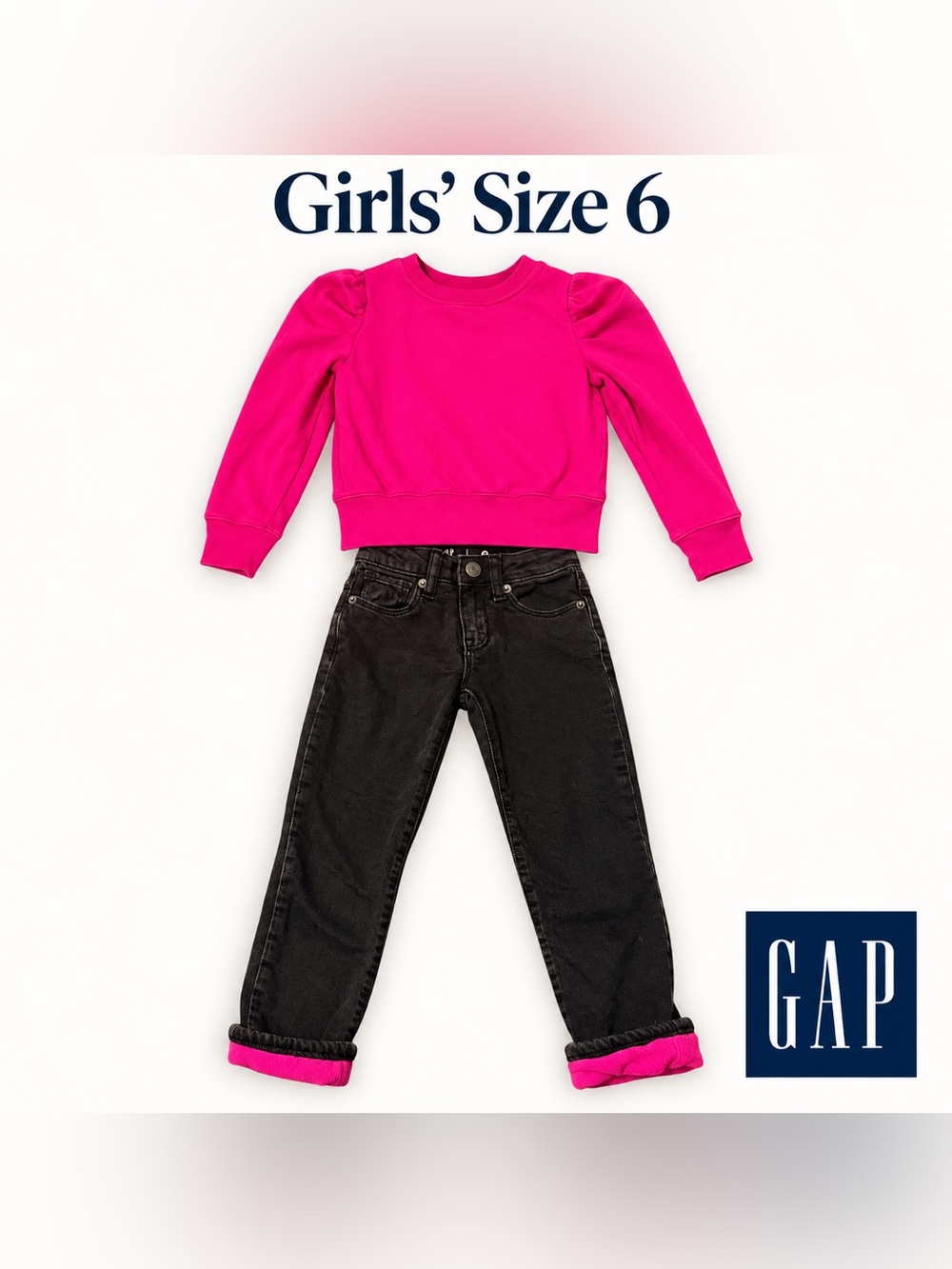 GAP Girls' Bright Pink Sweatshirt with Black Jeans size 6